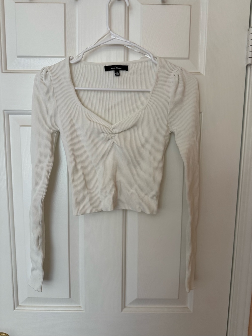 Love Tree Cream Ribbed V-Neck Long-Sleeve Crop Top